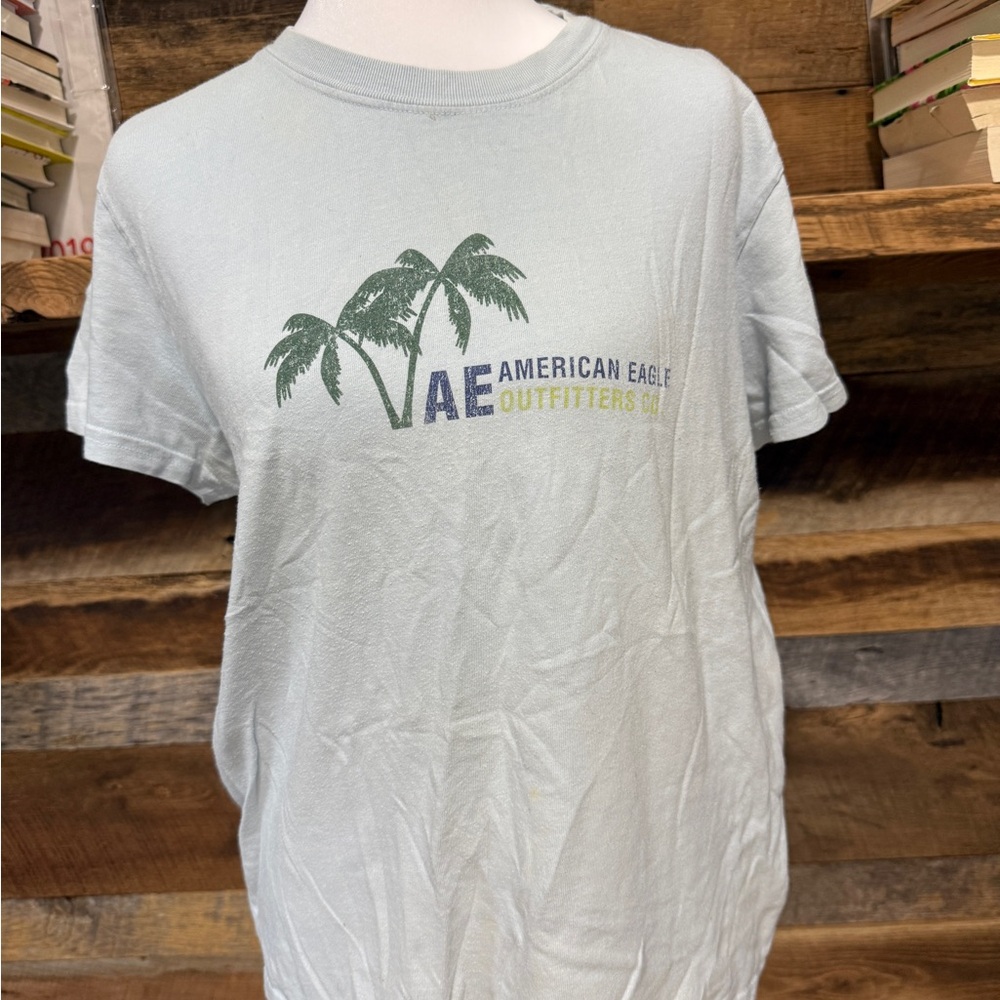 American Eagle Outfitters Light Blue Palm Logo Tee